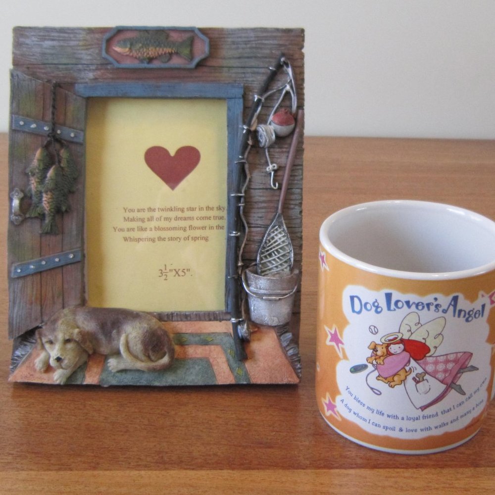 Fishing cabin retreat picture frame-fishing + Dog Lover’s angel mug, pet love